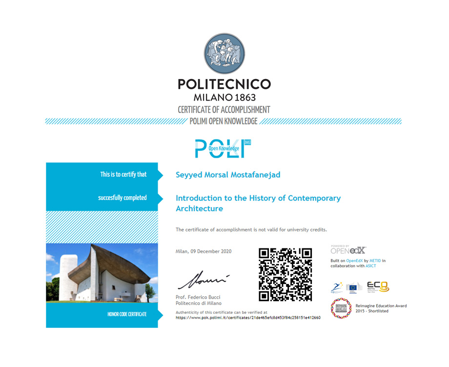 Morsal Mostafanejad Politecnico di Milano Certificate