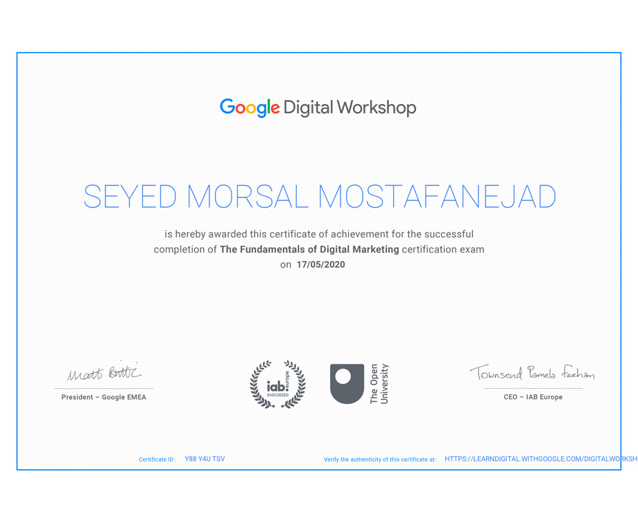 Morsal Mostafanejad Google Digital Workshop Certificate